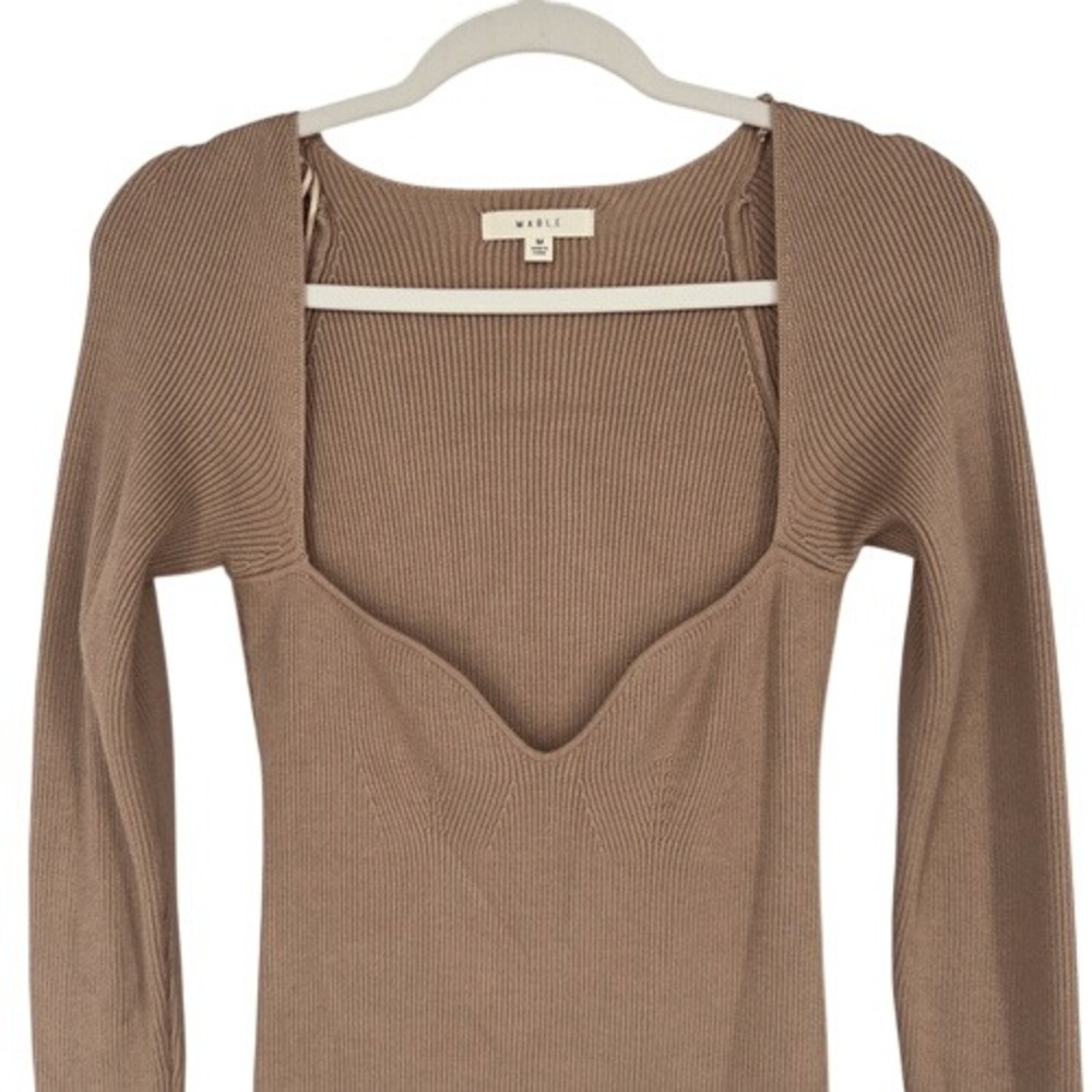 Mable Margot Mocha Ribbed Knit Sweater Mini Sweetheart Neckline Size M - Picture 3 of 8